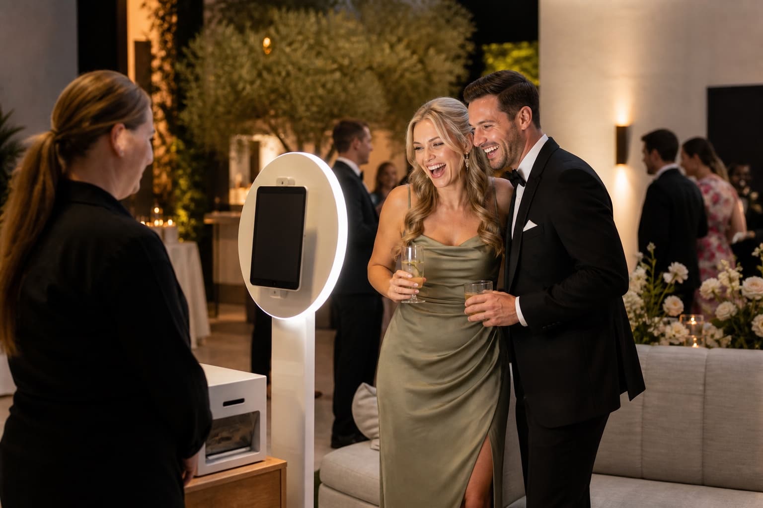 Wedding guests enjoying a modern open-air photo booth